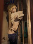  1girl absurdres animal_ears bathroom black_bra black_panties blonde_hair blue_archive blue_eyes blue_halo blunt_bangs bra braid breasts chromatic_aberration clothes_pull commentary covered_navel denim fake_animal_ears fishnet_pantyhose fishnets halo hidulume highres indoors jeans lifting_own_clothes long_hair looking_at_viewer multicolored_hair panties pants pants_pull pantyhose rabbit_ears rabbit_tail shirt shower_(place) sideboob small_breasts solo streaked_hair tail toki_(blue_archive) toki_(bunny)_(blue_archive) underwear white_shirt 