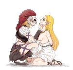  1boy 1girl alternate_universe artist_name barbarian_set_(zelda) blonde_hair breasts commentary dress ear_piercing from_side fur_trim gladiator_sandals highres kneeling link long_hair piercing pointy_ears princess_zelda sandals short_hair simple_background sitting squatting sweatdrop teraichigo the_legend_of_zelda the_legend_of_zelda:_breath_of_the_wild topless_female white_background white_dress 