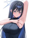  1girl arm_up armpit_focus armpits bare_shoulders black_hair black_sweater blue_archive blue_hair blush breasts closed_mouth commentary_request grey_eyes halo highres impossible_clothes impossible_sweater large_breasts long_hair looking_at_viewer presenting_armpit saori_(blue_archive) shiny_skin sidelocks simple_background soen_bisma solo standing sweat sweater sweaty_armpits upper_body white_background 
