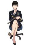  1girl black_hair black_jacket black_shoes black_skirt chair closed_mouth crossed_legs finger_to_mouth gun handgun high_heels highres holding holding_gun holding_weapon jacket legs long_sleeves military_dress_uniform military_uniform mole mole_under_eye office_chair on_chair original shoes shushing simple_background sitting skirt smile solo suppressor swivel_chair wani_(perfect_han) weapon white_background 