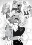  2girls 7nosuke ascot blush carrying checkered_hairband closed_eyes coat collared_shirt commentary covering_face dress english_commentary gloves greyscale hair_bun hairband highres hug hug_from_behind long_hair long_sleeves monochrome multiple_girls pants pleated_skirt princess_carry reverse:1999 shirt single_side_bun skirt smile sonetto_(reverse:1999) two_side_up vertin_(reverse:1999) very_long_hair yuri 