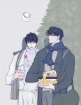  2boys bag biyoo_(omniscient_reader&#039;s_viewpoint) black_coat black_hair blue_eyes blue_scarf candy christmas_tree coat cup cup_ramen disposable_coffee_cup disposable_cup disposable_cup_holder dokkaebi food fringe_trim holding holding_candy holding_disposable_cup_holder holding_food holding_lollipop kim_dokja laurel_crown lollipop looking_at_another multiple_boys omniscient_reader&#039;s_viewpoint open_mouth raya_(000_unseen) scarf short_hair shoulder_bag sweater turtleneck turtleneck_sweater upper_body white_coat yoo_joonghyuk 