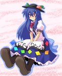  blue_hair blush boots cross-laced_footwear food fruit harukatron hat hinanawi_tenshi lace-up_boots long_hair peach red_eyes sitting solo tears touhou v_arms 