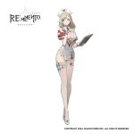  +_+ 1girl blonde_hair blue_eyes breasts cleavage_cutout clipboard clothing_cutout copyright_name crossed_ankles dress earrings full_body garter_belt garter_straps gloves grin hand_up hat heart heart_cutout highres holding holding_clipboard holding_syringe jewelry lace-trimmed_thighhighs lace_trim large_breasts logo looking_at_viewer nurse_cap official_alternate_costume official_art panties priscilia_(rememento) rememento:_white_shadow shoes short_dress short_sleeves side_slit smile solo standing syringe tachi-e thigh_strap thighhighs underwear white_background white_dress white_gloves white_hat white_panties white_shoes white_thighhighs 