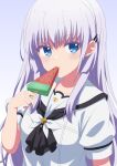  1girl absurdres ascot black_ascot blue_eyes blush commentary_request food food_in_mouth grey_background grey_hair hair_between_eyes hair_ornament hairclip hand_up highres holding holding_food holding_popsicle long_hair looking_at_viewer naruse_shiroha parallel_hairclips popsicle popsicle_in_mouth puffy_short_sleeves puffy_sleeves ringed_eyes sailor_collar school_uniform seihoku serafuku short_sleeves sidelocks simple_background solo summer_pockets summer_pockets_school_uniform upper_body very_long_hair watermelon_bar white_sailor_collar 