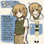  1boy alternate_eye_color basil_(faraway)_(omori) basil_(omori) black_eyes blonde_hair bright_pupils brown_shorts character_name collared_shirt english_text flower flying_sweatdrops green_sweater_vest hair_flower hair_ornament heart highres looking_at_viewer male_focus official_art_inset omori ottie_pops parted_lips reference_inset shirt short_hair short_sleeves shorts solo sweatdrop sweater_vest teeth white_pupils white_shirt 