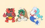  1boy 1girl 1other absurdres closed_eyes commentary_request decidueye eating food fruit furry furry_female furry_male highres holding incineroar one_eye_closed open_mouth pkpokopoko3 pokemon pokemon_(creature) primarina sitting teeth watermelon watermelon_seeds watermelon_slice yellow_background yellow_eyes 