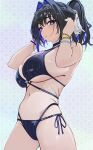 1girl absurdres adjusting_hair alternate_costume bare_arms bare_shoulders bikini black_hair blue_bikini blue_eyes blue_hair breasts commentary cowboy_shot from_side gurei_(streaper42846) hair_intakes hands_up high_ponytail highres hololive hololive_english large_breasts looking_at_viewer medium_hair multi-strapped_bikini_bottom multicolored_hair navel ouro_kronii ponytail sideboob solo stomach swimsuit thighs two-tone_hair underboob virtual_youtuber 