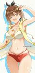  1girl absurdres artist_name ass_visible_through_thighs atelier_(series) atelier_ryza bare_shoulders bikini black_ribbon brown_eyes brown_hair collarbone commentary_request cowboy_shot hair_ribbon hat highres hood hooded_jacket jacket jewelry komurice navel one_eye_closed pendant red_bikini reisalin_stout ribbon short_hair simple_background solo swimsuit twitter_username watermark white_background white_bikini white_hat yellow_jacket 