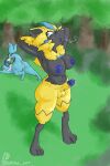 absurd_res after_sex blue_lips blue_nipples bodily_fluids breasts cum cum_drip cum_in_ass cum_inside dripping duo eeveelution exposed_breasts forest forest_background fur generation_1_pokemon generation_7_pokemon genital_fluids genitals grey_body hi_res intersex intersex/male legendary_pokemon lips male maleherm nature nature_background nintendo nipple_piercing nipples penis piercing plant pokemon pokemon_(species) tree vaporeon wakke whistling yellow_body yellow_fur zeraora