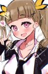  1girl :d black_gloves black_jacket black_necktie blunt_bangs brown_hair collarbone collared_shirt commentary_request dress_shirt fingerless_gloves gloves hair_ornament heart highres i_do_me!_(love_live!) jacket kachimachi_kosuzu link!_like!_love_live! looking_at_viewer love_live! necktie official_alternate_costume official_alternate_hairstyle open_clothes open_jacket open_mouth pink_eyes shirt short-sleeved_jacket short_sleeves simple_background smile solo speech_bubble spoken_heart syoma_(1026syoma) twintails upper_body virtual_youtuber white_background white_shirt x_hair_ornament 