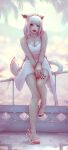  1girl animal_ears blue_eyes breasts cat_ears cat_tail cleavage commission dress english_commentary facial_mark final_fantasy final_fantasy_xiv high_heels highres looking_at_viewer medium_breasts miqo&#039;te nail_polish on_railing railing red_lips red_nails short_hair sitting solo soranamae tail toenail_polish toenails warrior_of_light_(ff14) whisker_markings white_dress white_hair 