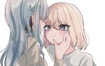  2girls bang_dream! bang_dream!_it&#039;s_mygo!!!!! black_ribbon blonde_hair blue_hair commentary_request hair_ribbon highres long_sleeves looking_at_another medium_hair misumi_uika multiple_girls nyako_(2446_ny) purple_eyes ribbon shirt simple_background togawa_sakiko two_side_up white_background white_shirt yuri 