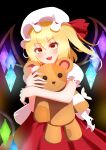  1girl absurdres ascot blonde_hair crystal crystal_wings dujianchuang fang flandre_scarlet hat hat_ribbon highres holding holding_stuffed_toy looking_at_viewer mob_cap one_side_up open_mouth puffy_short_sleeves puffy_sleeves red_eyes red_skirt ribbon shirt short_hair short_sleeves side_ponytail skirt smile solo stuffed_animal stuffed_toy teddy_bear touhou vampire wings 
