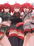  1girl absurdres arm_tattoo black_shirt black_skirt black_thighhighs blush cropped_jacket cropped_shirt detached_sleeves drill_hair fang from_below green_shirt green_skirt grey_jacket hair_between_eyes highres jacket karasu2020_8 kasane_teto kasane_teto_(sv) kasane_teto_(utau) kasane_teto_(voicepeak) long_hair looking_at_viewer navel number_tattoo open_mouth red_eyes red_hair shirt sidelocks skirt solo synthesizer_v tattoo thighhighs twin_drills utau voicepeak 