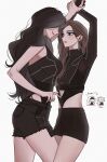  2girls 4girls aespa black_shirt black_shorts blue_eyes brown_hair closed_mouth commentary_request earrings gaecopper giselle_(aespa) highres jewelry k-pop karina_(aespa) korean_commentary leg_between_thighs long_hair long_sleeves multiple_girls ningning_(aespa) real_life ring shirt shorts simple_background smile sweatdrop white_background winter_(aespa) yuri 