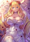  1girl ahoge blonde_hair blue_eyes breasts character_request choker cleavage closed_mouth collarbone detached_sleeves dress drill_hair earrings flower garter_straps hair_flower hair_ornament highres jewelry large_breasts lying on_back original red_flower red_petals ring sheet_grab single_garter_strap smile solo takamine_nadare thighhighs veil white_choker white_dress white_garter_straps white_sleeves white_thighhighs 