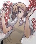  1girl asymmetrical_bangs bare_arms brown_eyes brown_hair brown_sweater brown_sweater_vest brown_vest coin coin_flip collared_shirt commentary hair_between_eyes hands_up head_tilt highres julioalqae looking_at_viewer medium_hair misaka_mikoto no_emblem parted_lips school_uniform shadow shirt short_sleeves sleeveless sleeveless_sweater solo summer_uniform sweater sweater_vest toaru_kagaku_no_railgun toaru_majutsu_no_index tokiwadai_school_uniform upper_body v-neck vest white_shirt 