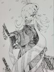  1girl asymmetrical_hair axe bare_shoulders clenched_teeth curly_hair dress falling_petals grey_background greyscale hatching_(texture) highres holding holding_sword holding_weapon japanese_clothes katana kimono lineart long_hair looking_at_viewer looking_back monochrome mumira_(huti1234) paper pen petals sharp_teeth shuro_(trickcal) simple_background slit_pupils solo sword teeth trickcal wavy_hair weapon 