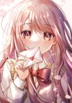  1girl absurdres bow bowtie brown_sweater_vest cherry_blossoms collared_shirt commentary_request covered_mouth crying crying_with_eyes_open dappled_sunlight day dot_nose dress_shirt falling_petals gradient_eyes hair_over_shoulder hand_up highres holding holding_letter jacket letter light_blush long_hair long_sleeves looking_at_viewer love_letter mochita_sei multicolored_eyes original outdoors petals pink_jacket plaid_bow plaid_bowtie plaid_clothes red_bow red_bowtie shirt solo straight-on sunlight sweater_vest swept_bangs tears upper_body white_shirt 