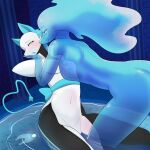 absurd_res animal_humanoid anthro black_body blue_body blue_ears blue_hair blush clothing deltarune dulce_ratoncita duo felid felid_humanoid feline feline_humanoid female female/female hair hand_on_face heart_symbol heart_tail hi_res humanoid love mammal mammal_humanoid miss_mizzle smile smirk tail tasque_manager undertale_(series) water yellow_eyes