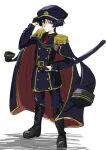  1boy aiguillette arm_at_side belt belt_buckle black_belt black_boots black_coat black_gloves black_hair black_hat black_jacket black_sleeves black_undershirt blunt_ends boots bright_pupils buckle buttons closed_mouth coat coat_on_shoulders collared_shirt double-breasted dress_shirt emblem epaulettes expressionless fatui_logo full_body genshin_impact gloves gold_buckle half_gloves hand_up hat highres holding holding_sword holding_weapon jacket katana knee_boots lace-up_boots lapels long_sleeves looking_at_viewer male_focus military_uniform necktie peaked_cap purinigax purple_eyes red_coat red_necktie scaramouche_(genshin_impact) sheath sheathed shirt solo standing sword two-sided_coat two-sided_fabric weapon white_background white_pupils 