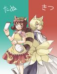  animal_ears blonde_hair bloomers bottle brown_hair fox_ears fox_tail futatsuiwa_mamizou glasses leaf leaf_on_head multiple_girls no_hat no_headwear notepad raccoon_ears raccoon_tail short_hair skirt tail tako_(plastic_protein) touhou underwear yakumo_ran 