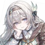  1girl blush brown_hairband collared_shirt firefly_(honkai:_star_rail) frilled_sleeves frills gradient_eyes gradient_hair green_pupils grey_hair hair_between_eyes hair_intakes hair_ornament hair_ribbon hairband hand_on_own_chin honkai:_star_rail honkai_(series) long_hair long_sleeves miyashirokiyu multicolored_eyes multicolored_hair neckerchief orange_neckerchief ribbon shirt simple_background smile solo white_background white_shirt white_sleeves 
