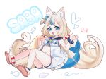  1girl animal_ear_fluff animal_ears blue_eyes blue_hair breasts cat_ears character_name commentary fins fish_girl fish_tail full_body highres indie_virtual_youtuber knees_up looking_at_viewer low_twintails meemz_a multicolored_hair navel open_mouth sameko_saba shorts simple_background sitting small_breasts solo streaked_hair tail toes twintails virtual_youtuber white_background white_shorts 