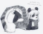 2025 4_toes anthro bangs bear black_markings black_nose breasts butt claws dialogue digital_media_(artwork) dipstick_limbs eye_markings feet felid female fluffy fluffy_tail fur giant_panda grey_body grey_fur hair hybrid lying mammal markings monochrome november_(noviraine) noviraine nude on_front pantherine pawpads ponytail signature sketch snow_leopard solo spots tail toes white_hair