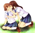  aioi_yuuko brown_eyes brown_hair closed_eyes commentary_request hachiko_(hati12) kiss kneehighs loafers long_hair minakami_mai multiple_girls nichijou no_eyewear school_uniform shoes short_hair skirt surprise_kiss surprised tokisadame_school_uniform yuri 