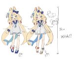  1girl :3 :d ahoge animal_ear_fluff animal_ears blonde_hair blue_eyes blue_hair blue_nails blue_neckerchief blue_sailor_collar blue_shoes blush bow buttons cat_ears closed_mouth collar commentary comparison crab design_speculation dress emoji english_text fang fins fish_girl fish_tail frilled_dress frills hair_bow highres indie_virtual_youtuber lifebuoy_hair_ornament lifebuoy_ornament long_hair looking_at_viewer low_twintails mary_janes measurements multicolored_hair nail_polish neckerchief necktie one_side_up open_mouth platform_sandals sailor_collar sameko_saba sandals scrunchie shoes simple_background sleeveless sleeveless_dress smile smug standing streaked_hair tail thigh_strap thinking_emoji translation_request twintails unya_(unyaunia) very_long_hair virtual_youtuber white_background white_dress wrist_scrunchie 