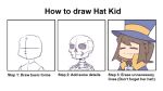  1girl :3 =_= a_hat_in_time brown_hair cape closed_mouth english_text fujimna hat hat_kid how_to how_to_draw_an_owl_(meme) jacket meme multiple_views ponytail purple_hat purple_jacket simple_background skeleton sketch smile top_hat white_background yellow_cape zipper_pull_tab 