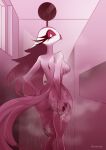 anatid anseriform anserinae anthro avian avian_demon bath bathing bird breasts butt chromaticmood demon female fur hair helluva_boss hi_res long_hair looking_back pink_eyes shower showering soap solo standing stella_(helluva_boss) swan white_body white_fur white_hair