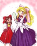  2girls alternate_hairstyle ascot blonde_hair blush bow brown_hair choker detached_sleeves dress frilled_hair_tubes frilled_skirt frills gloves hair_bow hair_tubes hakurei_reimu hat hat_ribbon long_hair looking_at_another mail_(mail_gell) mob_cap multiple_girls open_mouth pink_background pink_ribbon puffy_short_sleeves puffy_sleeves purple_dress purple_eyes red_dress red_ribbon ribbon ribbon_choker short_sleeves skirt smile touhou yakumo_yukari yellow_ascot 