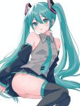  1girl absurdres aqua_eyes aqua_hair aqua_necktie armpit_crease ass bare_shoulders black_skirt black_sleeves black_thighhighs breasts collared_shirt commentary detached_sleeves grey_shirt hair_between_eyes hair_ornament hatsune_miku highres long_hair long_sleeves looking_at_viewer miniskirt necktie parted_lips pleated_skirt shirt simple_background skirt sleeveless sleeveless_shirt small_breasts solo symbol-only_commentary thighhighs thighs tillots very_long_hair vocaloid white_background 