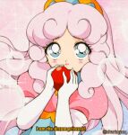  1990s_(style) 1girl apple artist_name bad_id bad_twitter_id bishie_sparkle bishoujo_senshi_sailor_moon blue_dress blue_eyes bubble closed_mouth collared_dress commentary curly_hair dot_nose dress elbow_gloves english_commentary english_text eyelashes fake_screenshot faux_retro_artstyle film_grain food fruit gloves gold_tiara happy holding holding_food holding_fruit honeymoonpetal light_blush light_particles lipstick long_hair looking_at_viewer makeup murid_(sailor_moon) official_style pink_background pink_dress pink_hair pink_lips puffy_short_sleeves puffy_sleeves retro_artstyle short_sleeves sidelocks smile solo sparkle tareme tiara two-tone_dress upper_body very_long_hair watermark white_gloves 