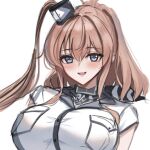  1girl blue_eyes blush breast_pocket breasts brown_hair dimos_(dawn_1945) dress hair_between_eyes high_side_ponytail kantai_collection large_breasts long_hair long_necktie looking_at_viewer open_mouth pocket ponytail saratoga_(kancolle) saratoga_mk_ii_(kancolle) short_sleeves sidelocks simple_background smile smokestack_hair_ornament solo upper_body white_background white_dress 