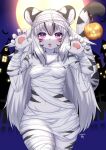 2024 anthro bandage bandaged_chest black_ears black_striped_body black_striped_fur black_striped_tail black_stripes blush breasts claws cute_fangs facial_markings fangs felid female food fruit fur hair halloween head_markings hi_res holidays horokusa0519 inner_ear_fluff jack-o&#039;-lantern long_hair mammal markings moon navel night open_mouth pantherine paw_pose pawpads paws plant pose pumpkin purple_eyes small_breasts solo striped_body striped_face striped_fur striped_markings striped_tail stripes tail tail_markings teeth tiger tuft white_body white_fur white_hair white_tail