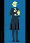  1boy bow bowtie butler chelonica_(famiresu_wo_kyouju_seyo) commentary_request cup famiresu_wo_kyouju_seyo gloves hair_over_one_eye highres holding holding_tray mia960 mole mole_under_eye simple_background solo teacup tray 