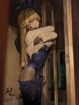  1girl absurdres animal_ears bathroom blonde_hair blue_archive blue_eyes blue_halo blue_leotard blunt_bangs braid breasts chromatic_aberration covered_navel denim fake_animal_ears fishnet_pantyhose fishnets halo hidulume highres indoors jeans leotard lifting_own_clothes long_hair looking_at_viewer multicolored_hair pants pantyhose playboy_bunny rabbit_ears rabbit_tail shirt sideboob small_breasts solo streaked_hair tail toki_(blue_archive) toki_(bunny)_(blue_archive) white_shirt 