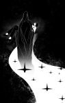 2boys benkdjjituibot black_background black_cloak black_hair cloak collared_shirt greyscale highres hood hood_up inverted_colors kim_dokja monochrome multiple_boys omniscient_reader&#039;s_viewpoint path secretive_plotter shirt sky sparkle star_(sky) starry_sky white_shirt 
