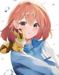  1girl absurdres animal_on_shoulder blue_dress blush breasts brown_eyes brown_hair closed_mouth commission creature dress earrings elphe hair_between_eyes highres jewelry kaze_no_tani_no_nausicaa light_smile long_sleeves looking_at_viewer nausicaa non-web_source pet short_hair teardrop_earrings teto_(nausicaa) upper_body water_drop white_background 