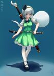  1girl black_bow black_bowtie black_hairband black_shoes blue_eyes bow bowtie breasts character_name chinese_commentary collared_shirt commentary_request full_body green_skirt green_vest grey_hair hairband hitodama hitodama_print katana konpaku_youmu konpaku_youmu_(ghost) looking_at_viewer mary_janes multiple_swords pantyhose puffy_short_sleeves puffy_sleeves shadow sheath sheathed shirt shoes short_hair short_sleeves skirt skirt_set solo sword sword_on_back tachi-e touhou unsheathing vest weapon weapon_on_back white_pantyhose white_shirt yufengdada 