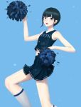  1boy asymmetrical_hair black_hair blue_background blush cheerleader crossdressing crossdressing_(mtf) feet_out_of_frame floral_print green_eyes high-waist_skirt highres holding legs looking_at_viewer male_focus midriff mikan_zakuro miniskirt navel open_mouth pleated_skirt pom_pom_(cheerleading) protagonist_(smtv) shadow shin_megami_tensei shin_megami_tensei_v short_hair simple_background skirt socks teeth trap upper_teeth_only white_socks 