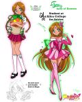 1990s_(style) 1girl adapted_costume ahoge animal_print animification arrow_(symbol) artist_name bad_id bad_twitter_id bare_arms bare_shoulders bespectacled bishoujo_senshi_sailor_moon black_bow black_shoes bow bowtie braid brown_hair brown_vest butterfly_hair_ornament butterfly_print butterfly_wings buttons character_name choker circlet closed_mouth commentary copyright_name dark-skinned_female dark_skin dress earrings english_commentary english_text eyelashes fairy faux_retro_artstyle flora_(winx_club) flower flower_earrings footwear_bow glasses green_choker green_eyes green_outline green_wings hair_ornament high_heels highres holding holding_pumpkin honeymoonpetal insect_wings jewelry juliet_sleeves kneehighs light_blush lineart logo long_hair long_sleeves looking_at_viewer looking_back low_twin_braids magical_girl mary_janes miniskirt off-shoulder_dress off_shoulder outline parody parted_lips partially_colored pink_bow pink_bowtie pink_dress pink_flower pink_outline pink_skirt pink_thighhighs pleated_skirt puffy_short_sleeves puffy_sleeves pumpkin red_shoes retro_artstyle round_eyewear school_uniform shirt shoes short_dress short_sleeves simple_background skirt smile socks sparkle stiletto_heels style_parody sweater_vest tareme thighhighs twin_braids variations very_long_hair vest white_background white_shirt white_socks wings winx_club 