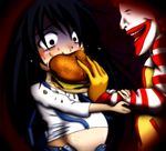  1girl artist_request feeding food force_feeding hamburger mcdonald's ronald_mcdonald stomach_bulge 