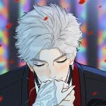  1boy black_jacket black_necktie black_suit chinese_commentary closed_eyes closed_mouth female_pov gfmldjszt highres holding_hands jacket kiss kissing_hand light_blush love_and_deepspace male_focus necktie official_alternate_costume parted_bangs portrait pov red_vest shirt short_hair suit sylus_(love_and_deepspace) vest white_hair white_shirt 