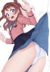  1girl :o absurdres accidental_exposure asigaru3000 ass blazer blue_overskirt blue_skirt brown_hair brown_jacket clothes_lift fish_hook gakuen_idolmaster hanami_saki hatsuboshi_gakuen_school_uniform highres idolmaster jacket long_hair panties school_uniform shirt simple_background skirt skirt_lift solo sweatdrop two_side_up underwear white_background white_panties white_shirt 