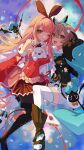  2girls :d absurdres arcaea ayu_(arcaea) black_boots black_hairband black_pantyhose black_shirt blue_bow blunt_bangs boots bow bow_hairband braid breasts brown_hair cake cake_slice closed_mouth cloud commentary_request cookie detached_sleeves food frilled_sleeves frills hair_between_eyes hairband half_up_braid highres holding holding_stuffed_toy kou_(arcaea) lace-up_boots long_hair looking_at_viewer medium_breasts multiple_girls one_eye_closed open_mouth pantyhose pia_nano pink_hair pleated_skirt red_skirt red_sleeves shirt shorts skirt sky smile stuffed_toy teeth thigh_boots thighhighs two-tone_shirt upper_teeth_only very_long_hair very_long_sleeves white_shirt white_shorts white_thighhighs yellow_eyes 
